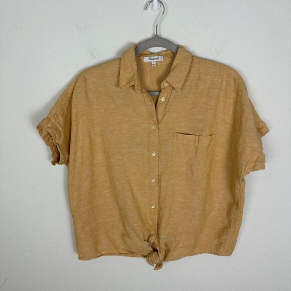 Madewell Short Sleeve Tie Front Linen Blend Top Shirt S Yellow Earthy Boho - Picture 2 of 10
